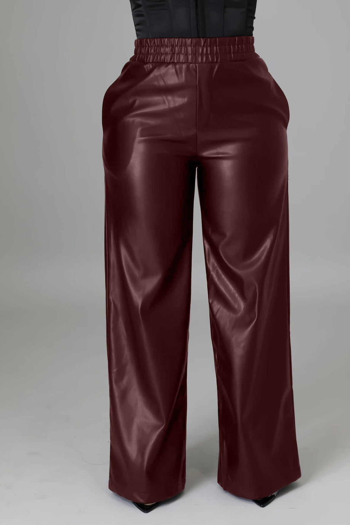 CM.YAYA Women Faux Leather Straight High Waist PU Pants INS Elegant Autumn Winter Solid Wide Leg Black Trousers