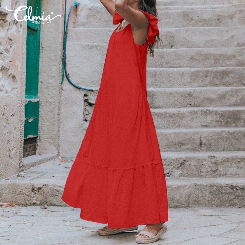 Celmia Bohemian Long Dress 2021 Women Solid Color Sexy Short Sleeve Ruffle Summer Sundress Casual Loose Beach Maxi Vestido Robe