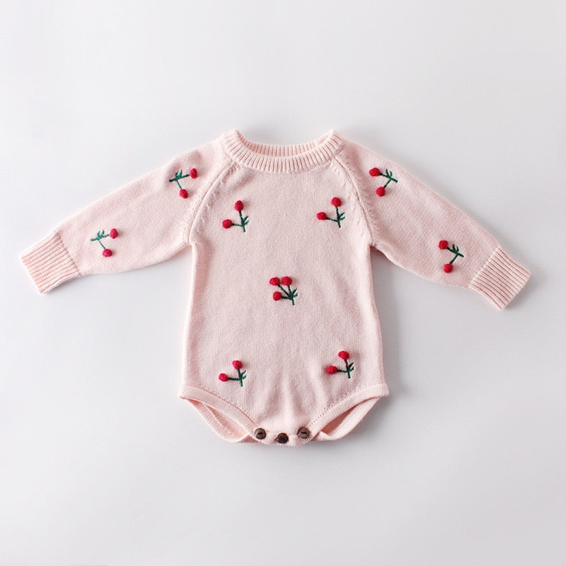 Spring Knitted Baby Romper Cherry Printed Newborn Baby Clothes 100% Cotton Knit Sweater Toddler Infant Baby Jumpsuit Overalls