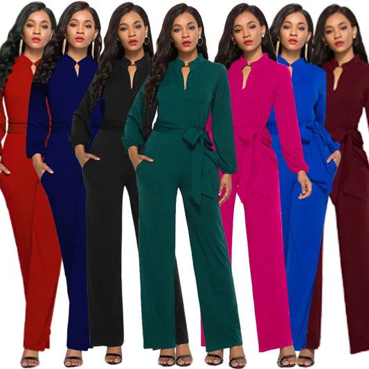 Women bandage long sleeve v-neck wide leg pants rompers women jumpsuit sexy jumpsuits for women 2018 women jumpsuit  romper