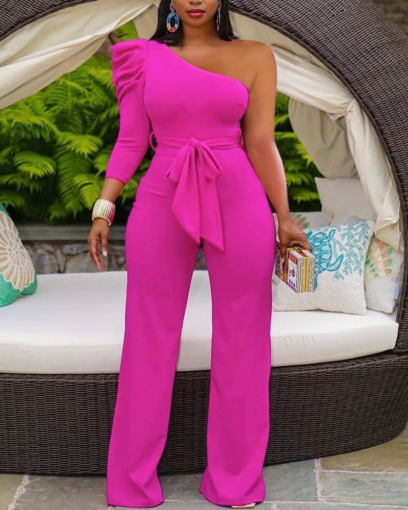 Fashion Women Jumpsuits Party Club One Shoulder Sashes Slim Fit Elegant Rompers Ladies Wide Pants One Piece Overalls 2021 Fall