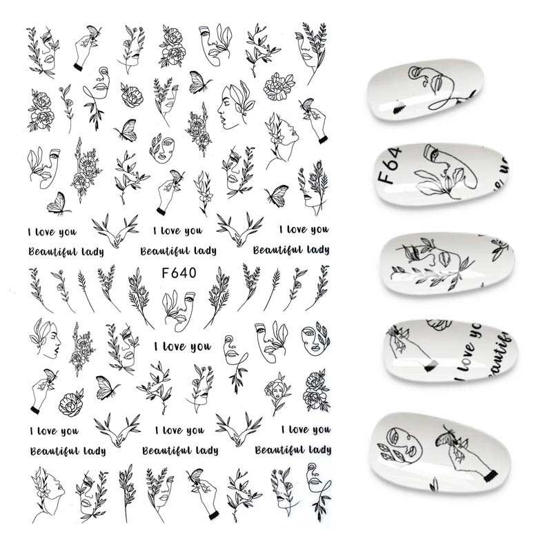 3D Flower Nail Stickers Women Face Sketch Abstract Butterfly Image Sexy Girl Nail Art Decor Sliders Manicure Stickers for Nails