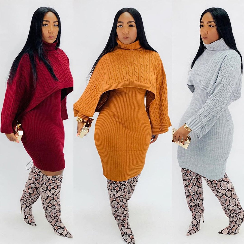 Echoine Winter Knitted Sweater Straped Dress Two Piece Set Short Turtleneck Sweater Jumper Pullovers Matching Set Party Outfits