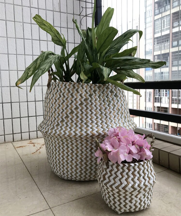 Foldable Handmade Seagrass Flower Pot Storage  Wicker Basket Rattan Straw Home Garden Wave Pattern Planter pots Laundry Basket