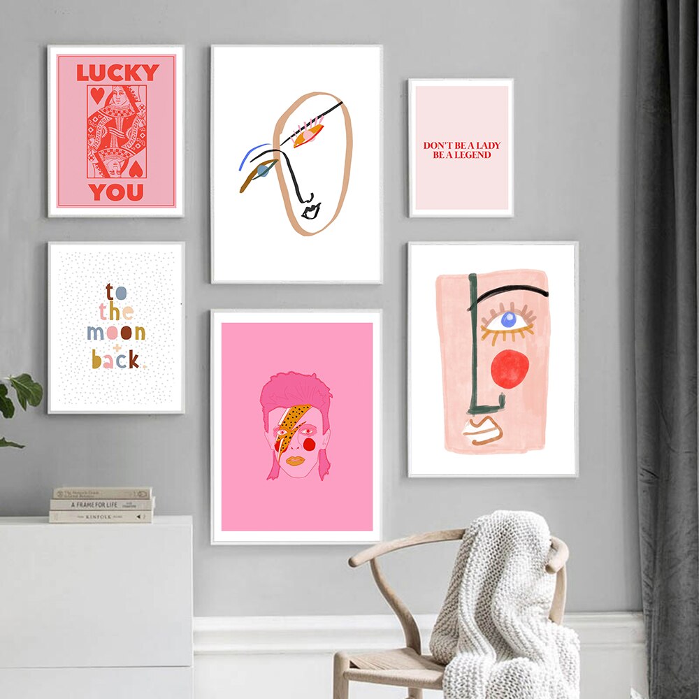 Nordic Abstract Poster Line Face Canvas Painting Wall Art Pink Style Letter Lucky You Pictures For Living Room Modern Decorative