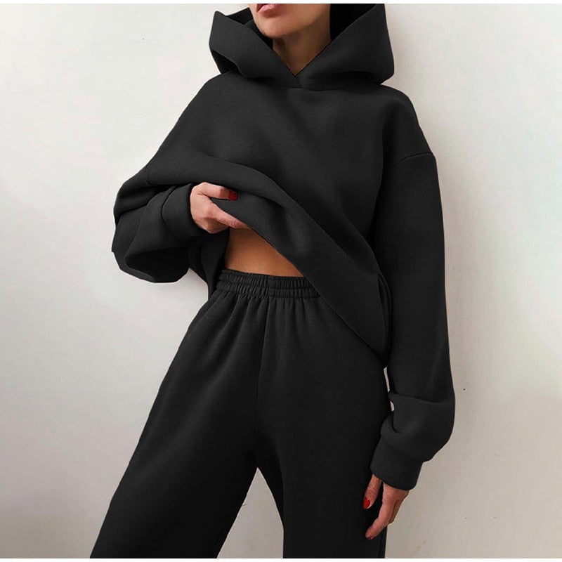 Women's Tracksuit Casual Solid Long Sleeve Hooded Sport Suits Autumn Warm Hoodie Sweatshirts and Long Pant Fleece Two Piece Sets