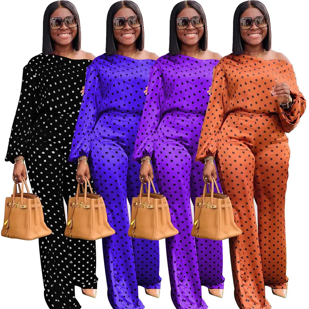 Newest Items  Women Tracksuits 2021 Fashion Dot Print Slash Neck Long Sleeves Loose Wide Leg Pants Jogger Two Pieces Outfits