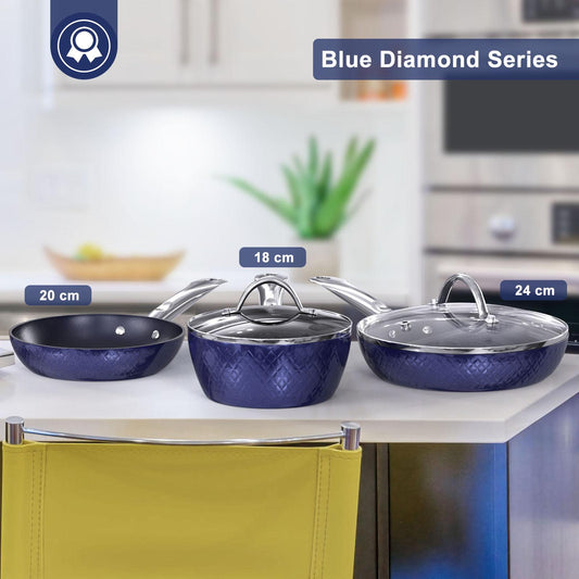 Frying Pan Sets Non Stick 3Pieces, Blue 3D Diamond Cookware, 20/24cm Frying Pan, 18cm Saucepan - Pots and Pans Set, Aluminum Ceramic Coating - Suitable for Induction Hob Oven,  Amazon Banned