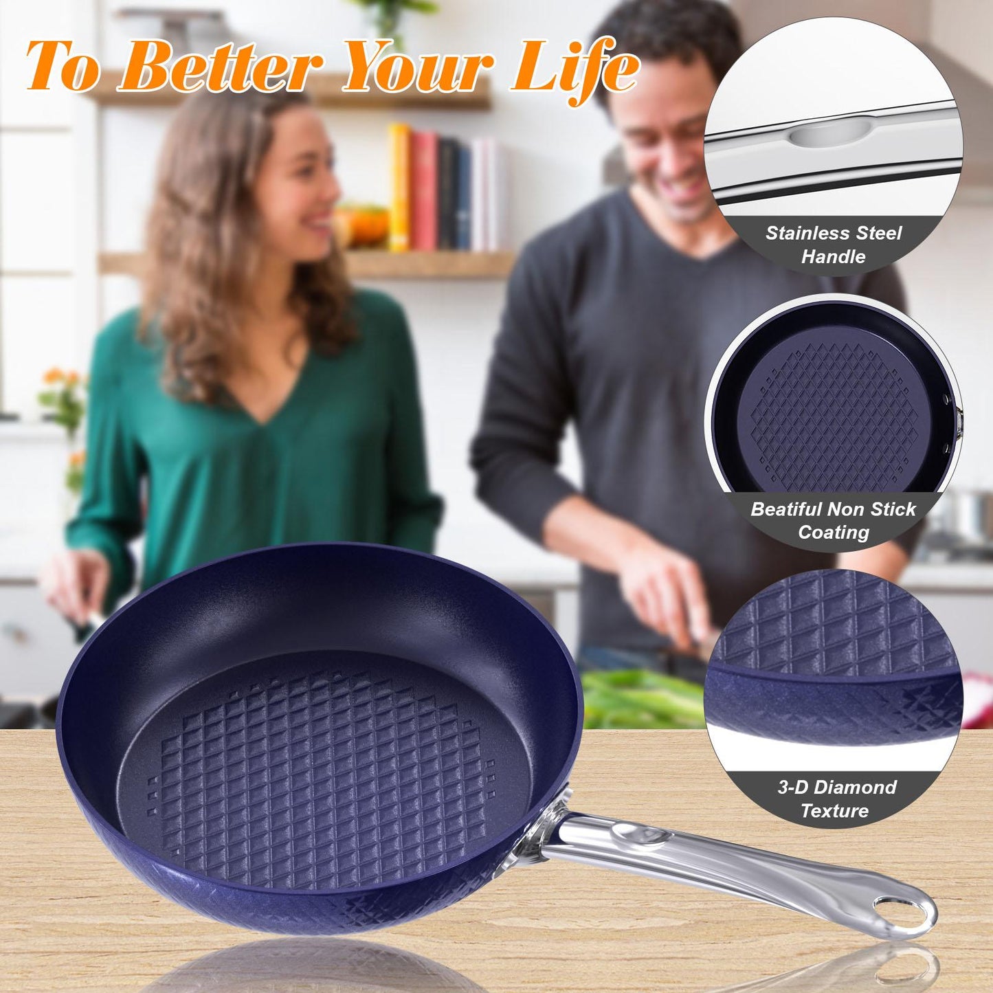 Frying Pan Sets Non Stick 3Pieces, Blue 3D Diamond Cookware, 20/24cm Frying Pan, 18cm Saucepan - Pots and Pans Set, Aluminum Ceramic Coating - Suitable for Induction Hob Oven,  Amazon Banned