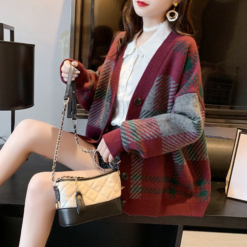 Retro plaid sweater coat female autumn and winter new loose large size wearing Korean version of thickened knit cardigan clothes women