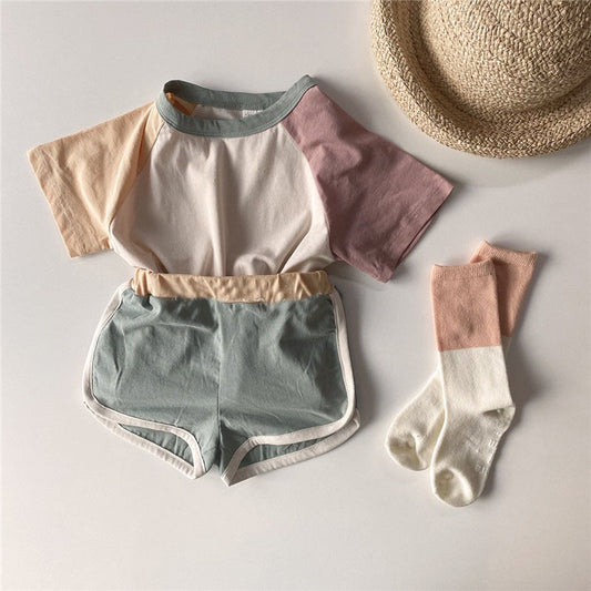 Infant and young children's Korean version of summer suits simple and casual color-blocking shoulder short-sleeved t-shirt + shorts cotton baby two-piece suit