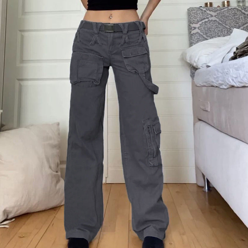 European and American style street hipster women's casual loose drawstring belt high waist pocket gray wide leg denim trousers