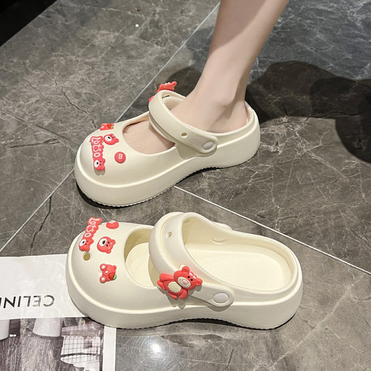 Summer new cave shoes women's home net celebrity stepping on sense slippers women's outside wearing non-slip toe half cartoon platform shoes