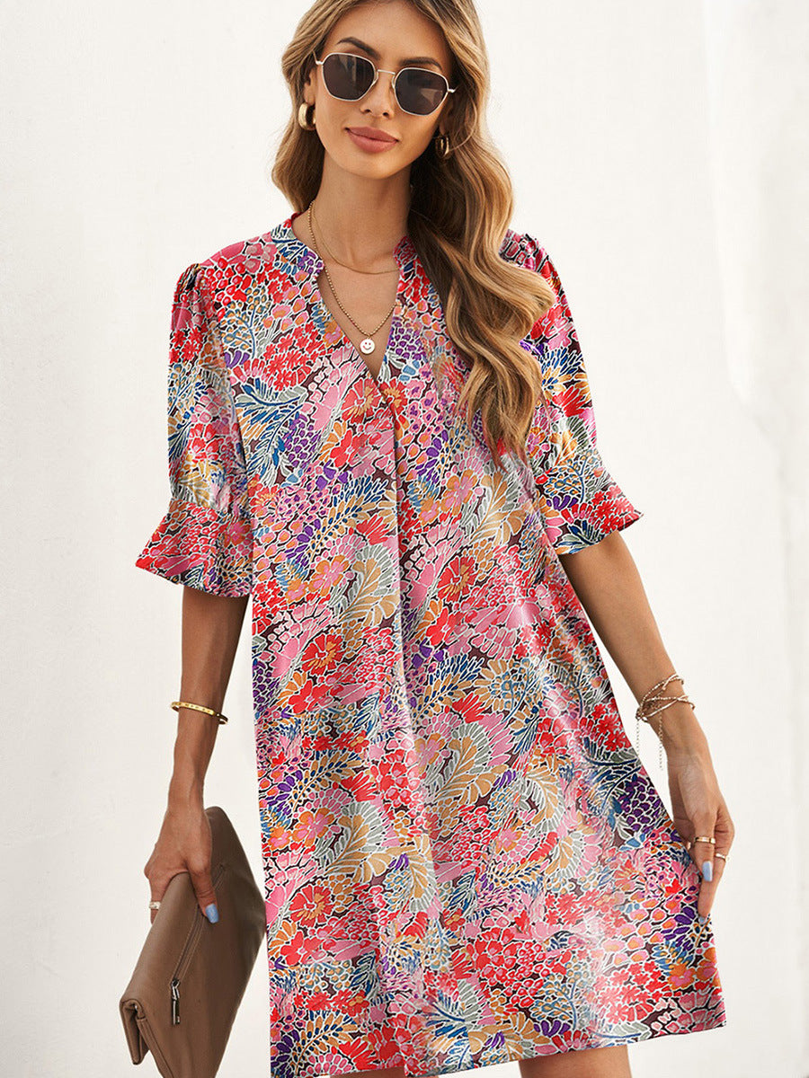 Floral bohemian floral print ruffled sleeve dress women's Amazon women's half-sleeved loose long skirt woman