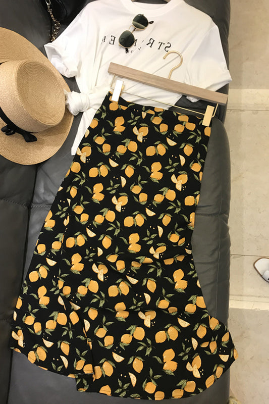 Charming Sicily Wind sway romantic! 2021 summer new lemon print high waist bag hip skirt