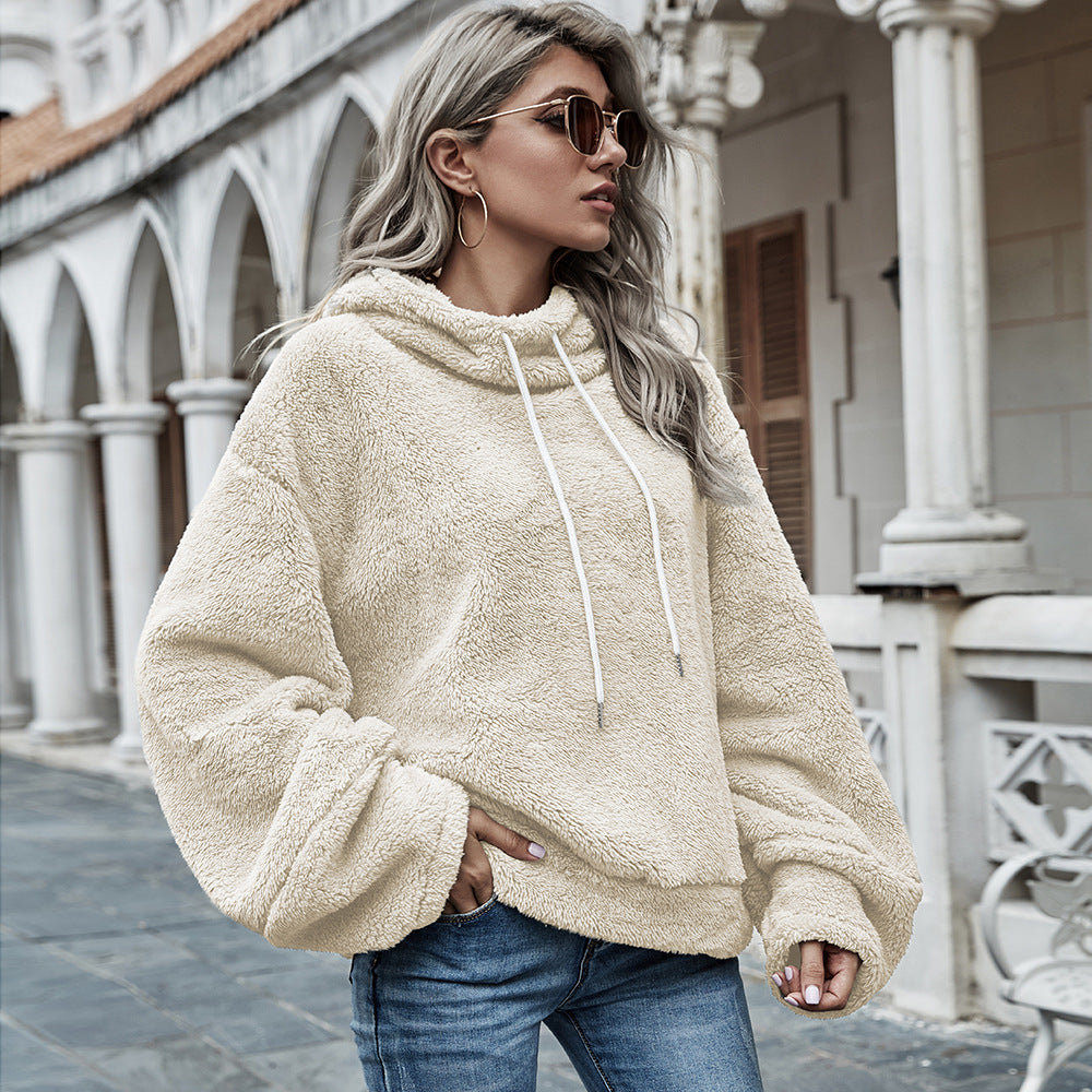 Cross-border source of 2021 autumn and winter new European and American women's hooded pure color plush loose sweater sweater blouse