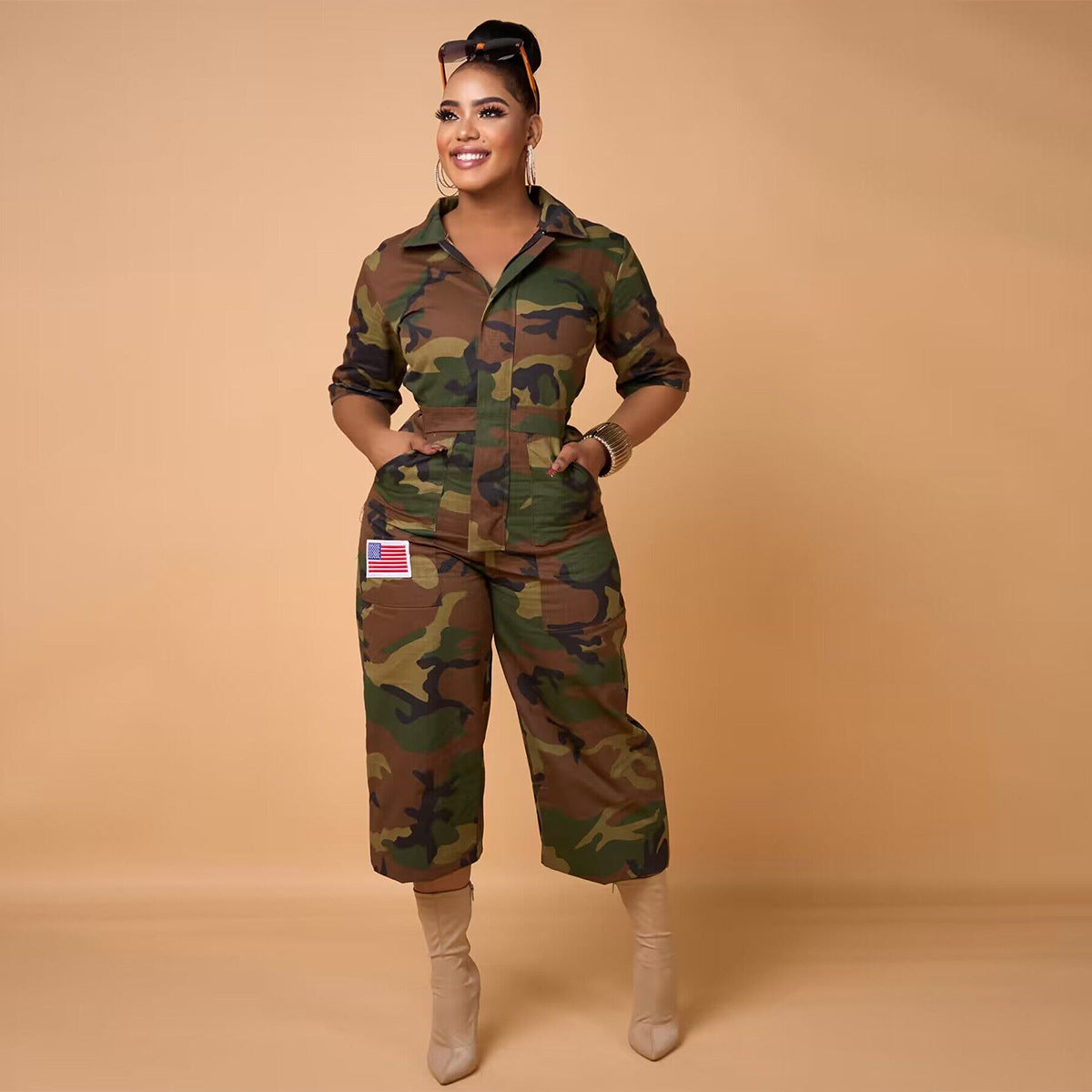 2023 New Fashion European and American Camouflage Print Pocket Lapel Jumpsuit