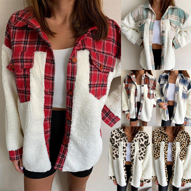 new leopard-print plaid printing plush stitching warm long-sleeved autumn and winter cardigan jacket