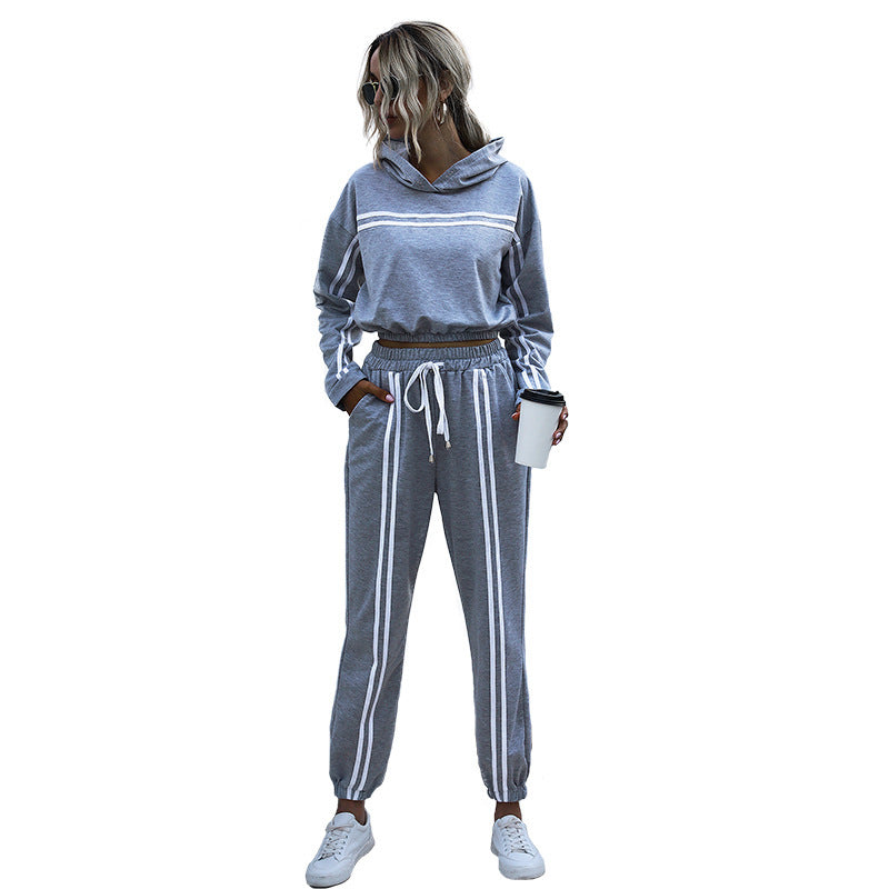 new hooded stripe exposed navel suit women's fashion careful machine sweater pants two-piece set and one