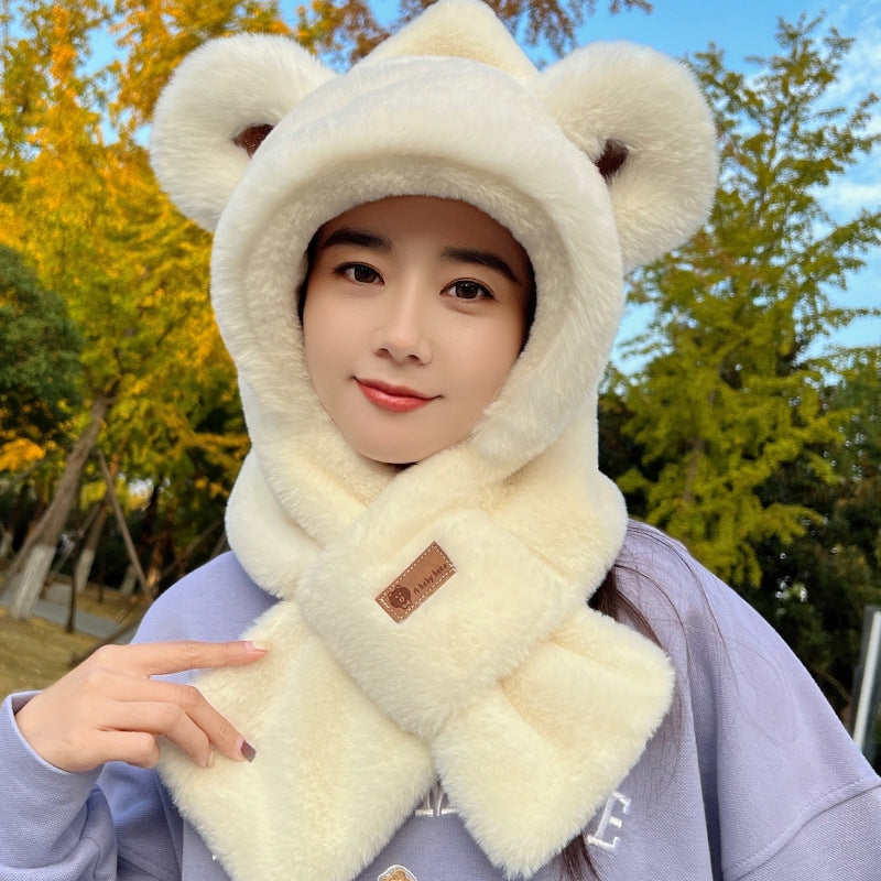 Bear hat scarf one female autumn and winter all-match 0 years cycling cute warm hooded plush scarf hat