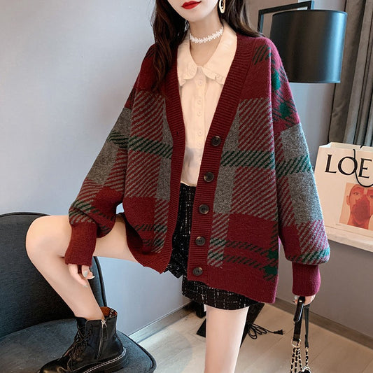 Retro plaid sweater coat female autumn and winter new loose large size wearing Korean version of thickened knit cardigan clothes women