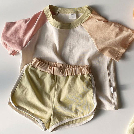 Infant and young children's Korean version of summer suits simple and casual color-blocking shoulder short-sleeved t-shirt + shorts cotton baby two-piece suit