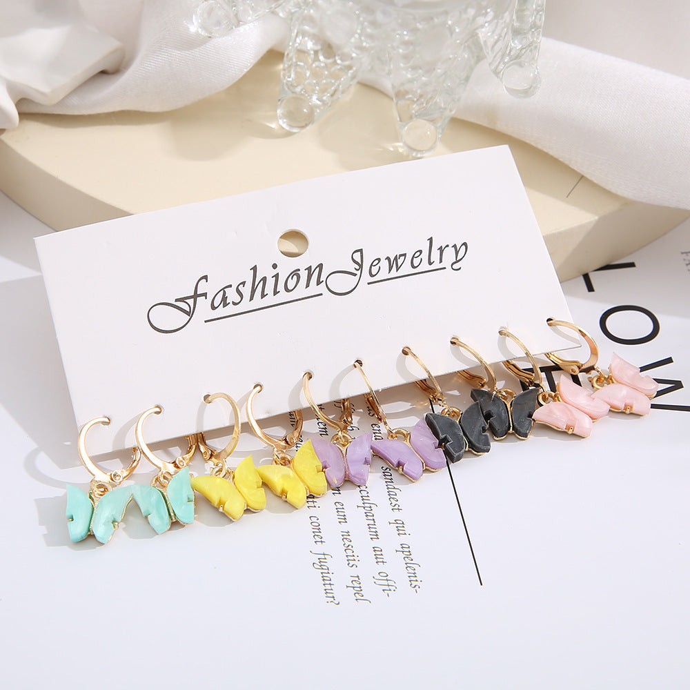 2021 New Acrylic Butterfly Earrings Set 5 Pairs Creative Simple Colorful Butterfly Pendant Earrings