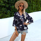 Cross-border source of 2021 summer new European and American women's V-neck pullover floral print 7-point sleeve casual T-shirt women