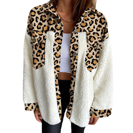 new leopard-print plaid printing plush stitching warm long-sleeved autumn and winter cardigan jacket