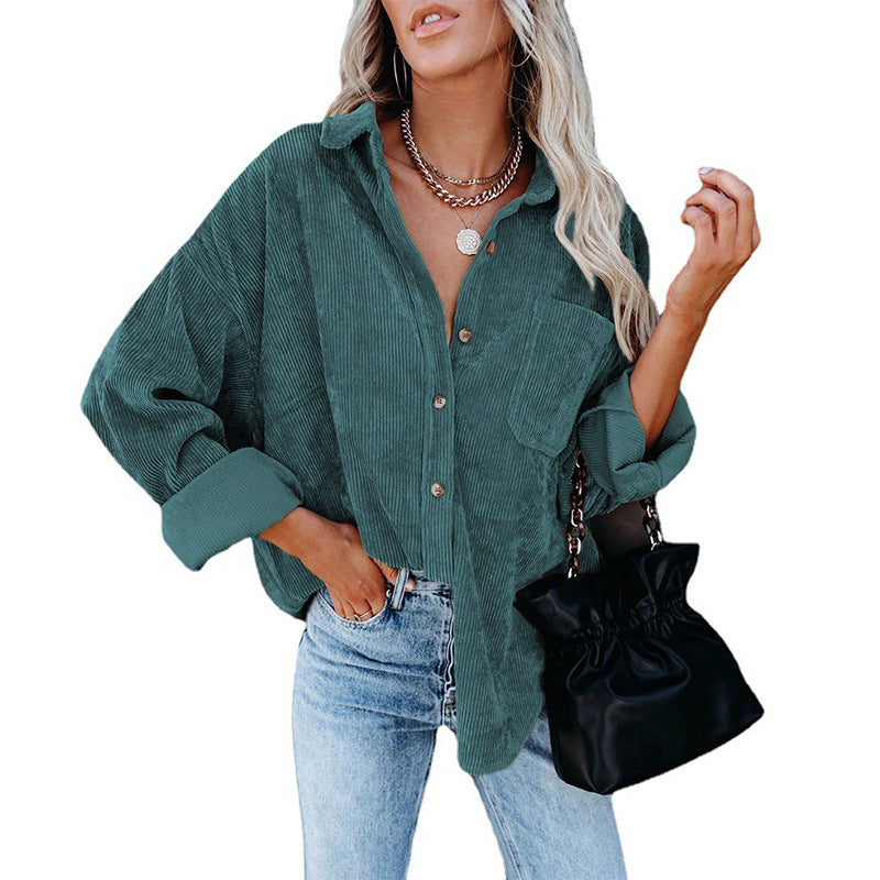 Cross-border European and American foreign trade women's clothing for fall/winter 2021 new Amazon Oversize corduroy loose button shirt