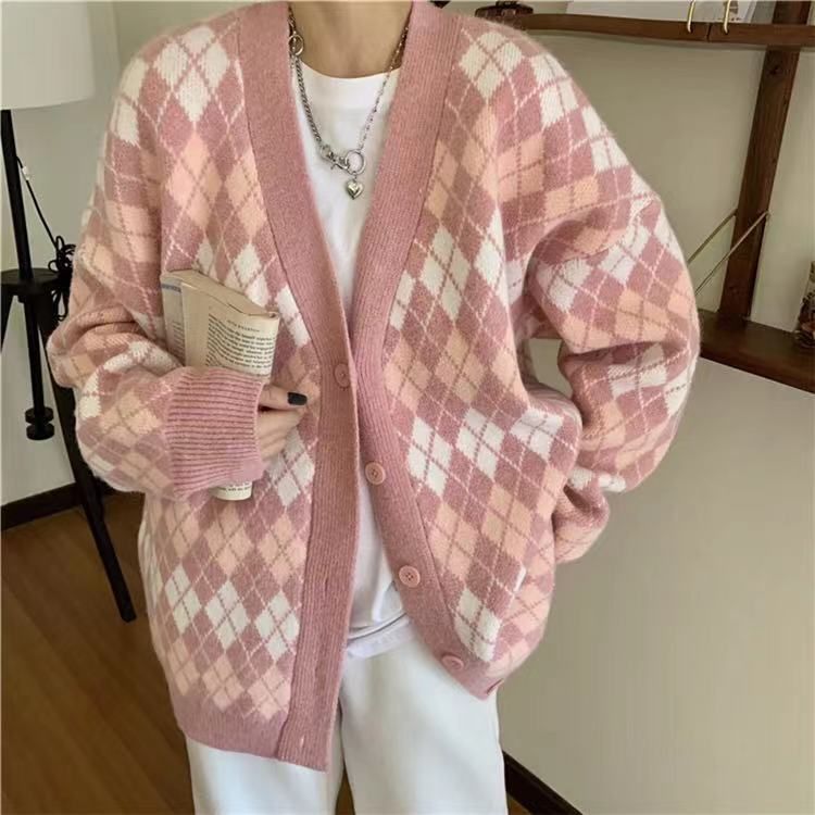 2022 autumn and winter new outer wear loose and lazy wind sweater coat women's diamond V-neck large size knitted cardigan top