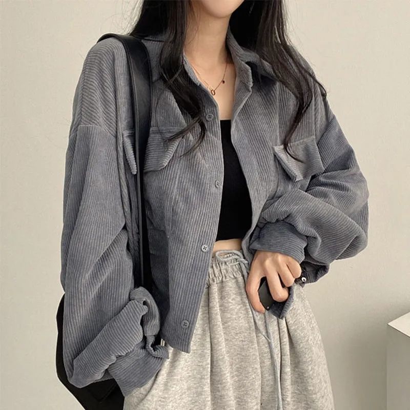 Gray Corduroy Long Sleeve Jacket