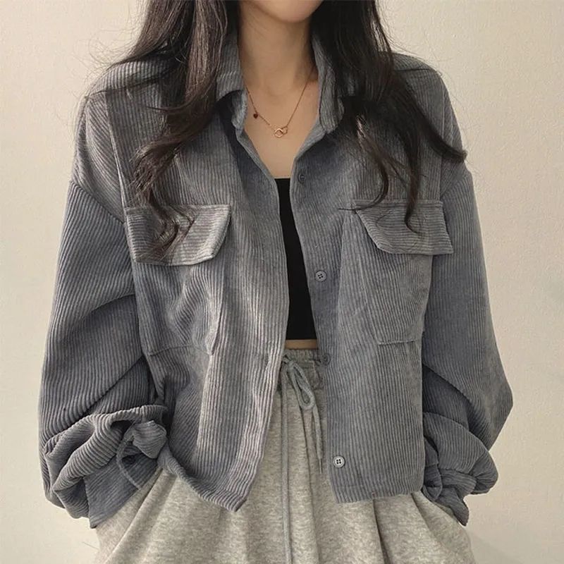 Gray Corduroy Long Sleeve Jacket