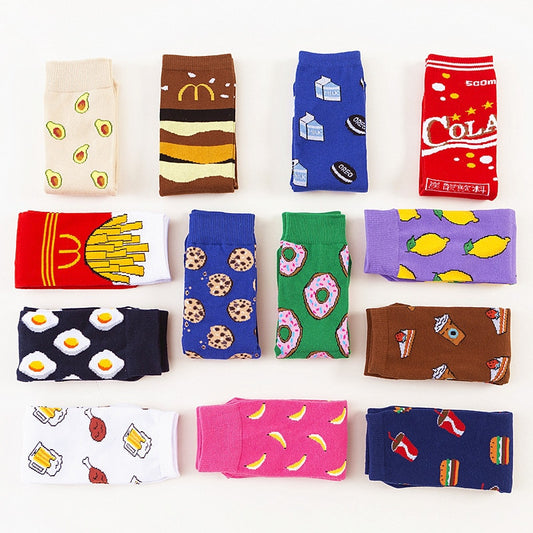 Colorful Women's Socks Woman's Cotton Socks Fruits Banana Avocado Lemon Egg Cookie Donuts Food Happy Color Sox Harajuku Socks