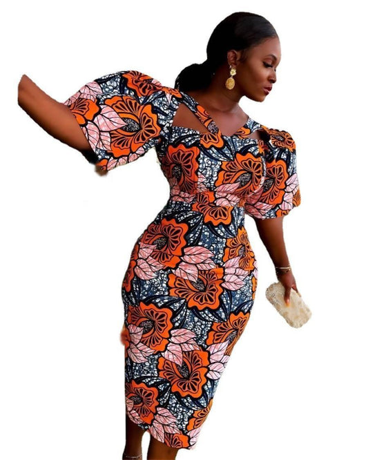 2023 Polyester African Dresses for Women Summer African Women Half Sleeve Printing Knee-length Dress African Print Dresses