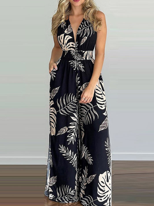 Tropical Print Slim Waist Sexy Backless Slit Leg Jumpsuits Women Summer Rompers