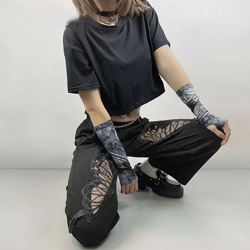 Y2K T-shirt short-sleeved monochrome butterfly cutout top Female clothing harajuku gothic clothes Oversized t-shirt crop size