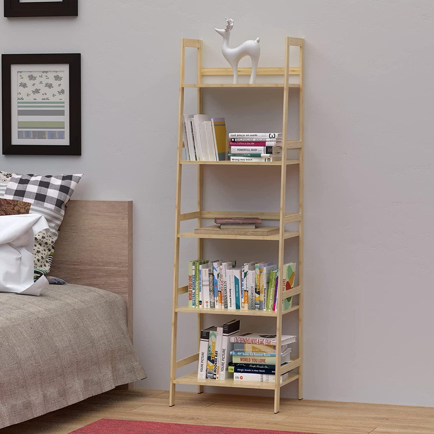 WTZ Bookshelf, Ladder Shelf, 5 Tier Bamboo Bookcase, Rustic Open Book Case for Bedroom, Living Room, Office, BC-238 Primary Colors