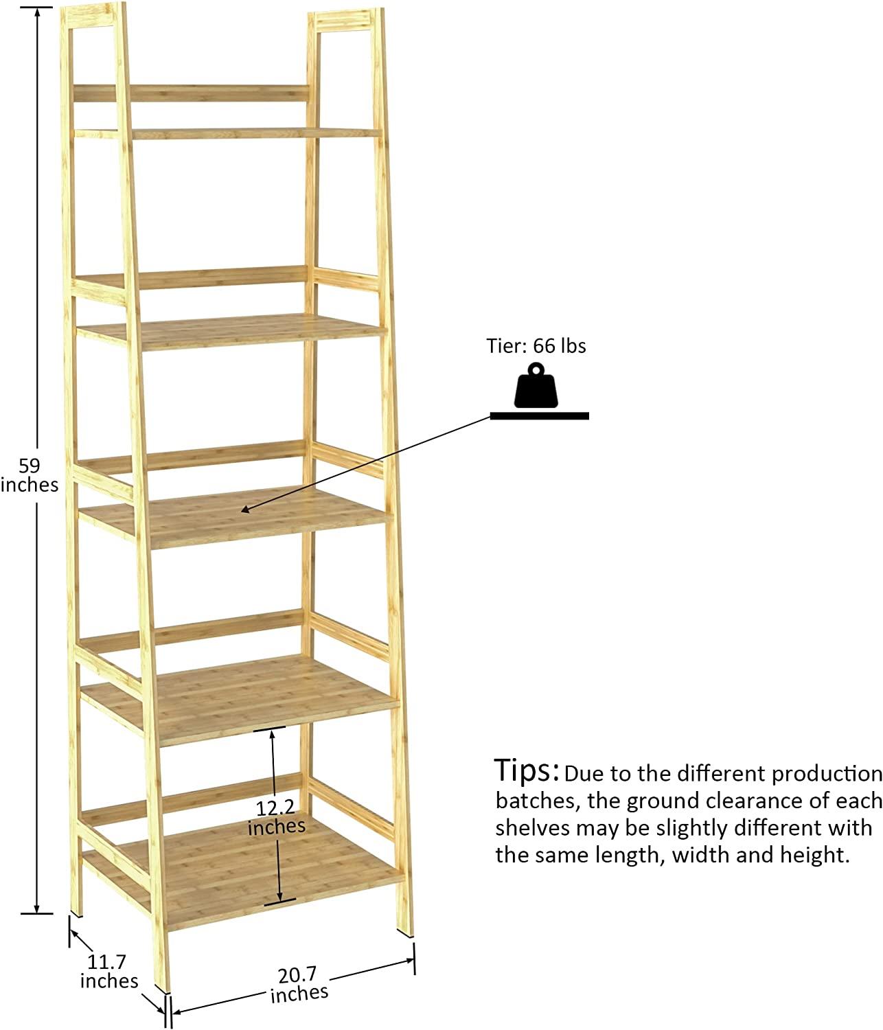 WTZ Bookshelf, Ladder Shelf, 5 Tier Bamboo Bookcase, Rustic Open Book Case for Bedroom, Living Room, Office, BC-238 Primary Colors