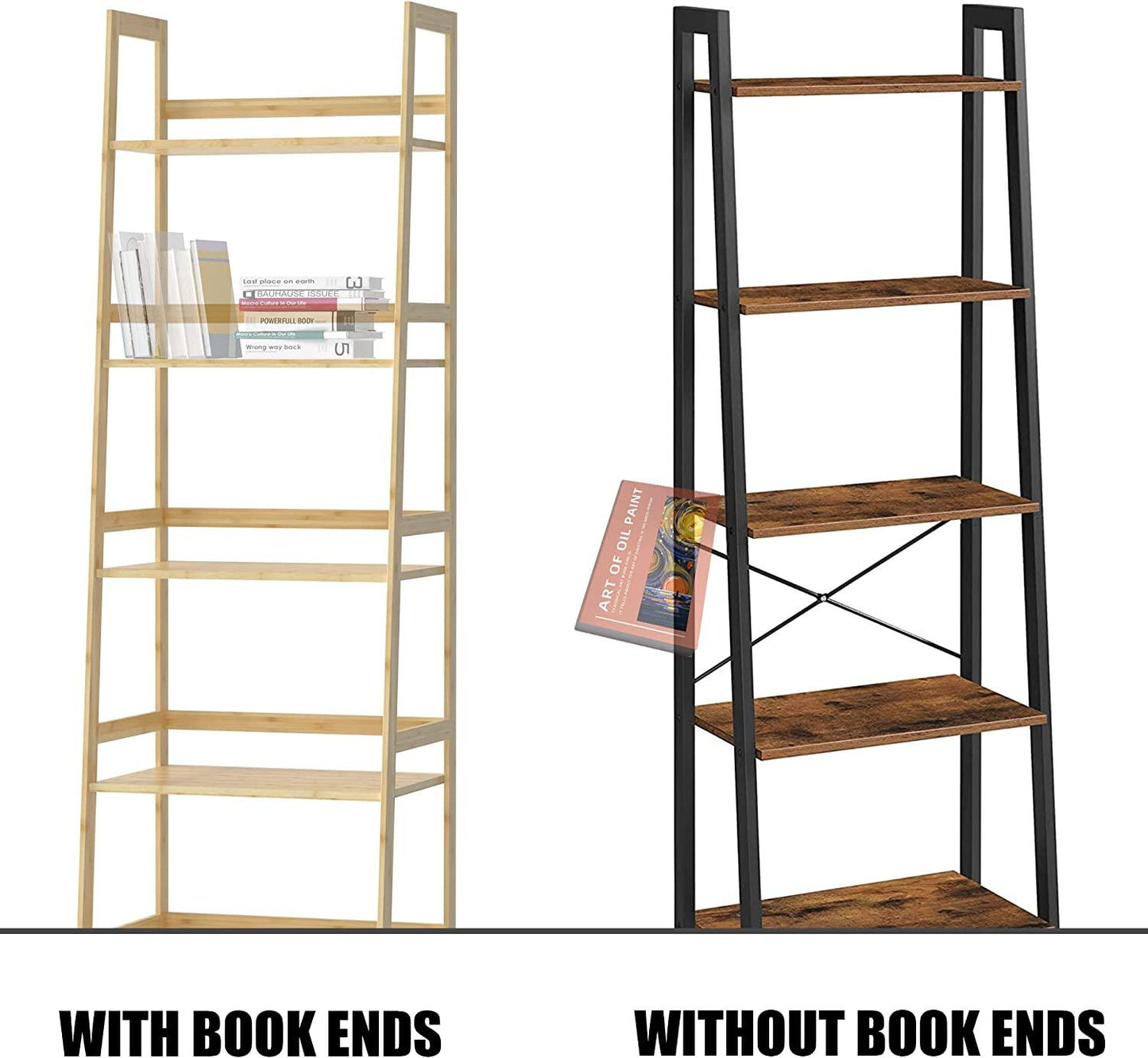 WTZ Bookshelf, Ladder Shelf, 5 Tier Bamboo Bookcase, Rustic Open Book Case for Bedroom, Living Room, Office, BC-238 Primary Colors