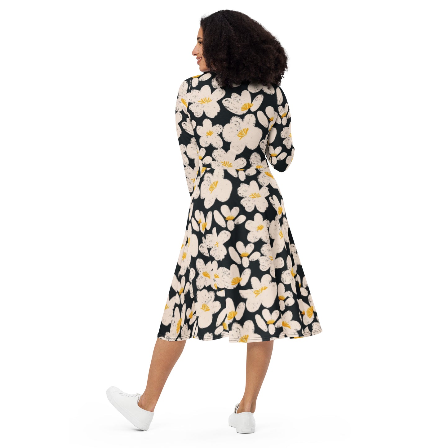 All-over print long sleeve midi dress