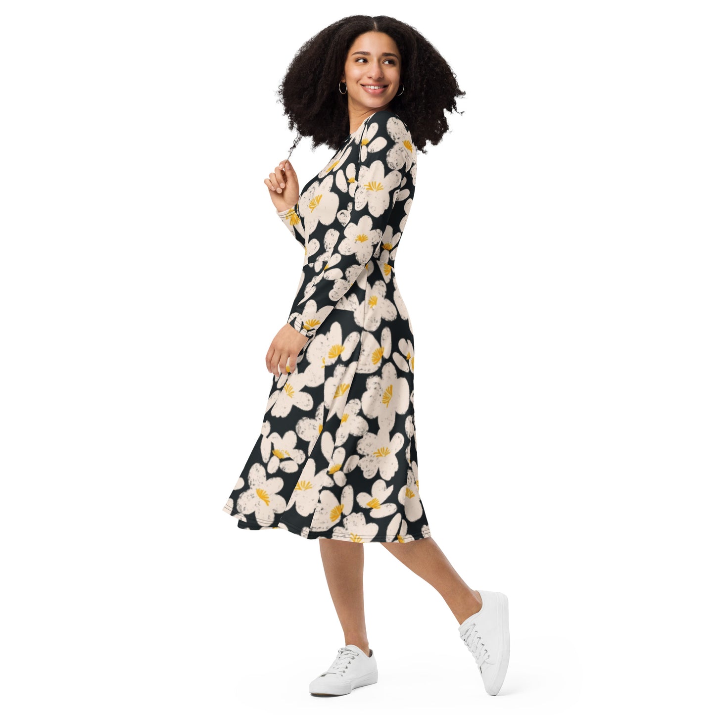 All-over print long sleeve midi dress