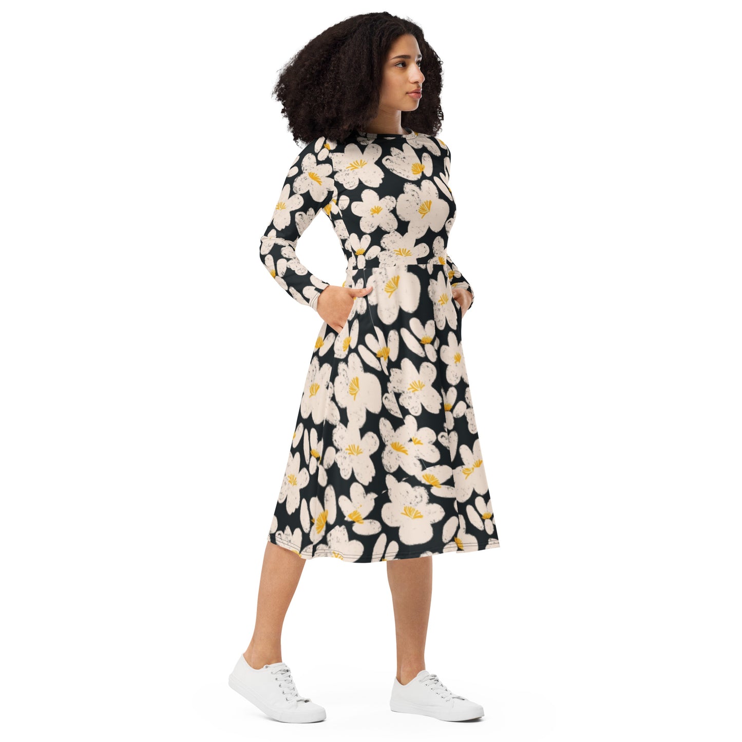 All-over print long sleeve midi dress