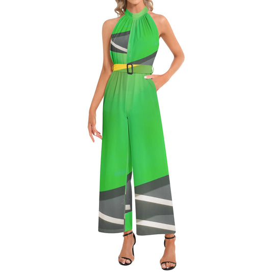 Halter Neck Buckle Belted Jumpsuit