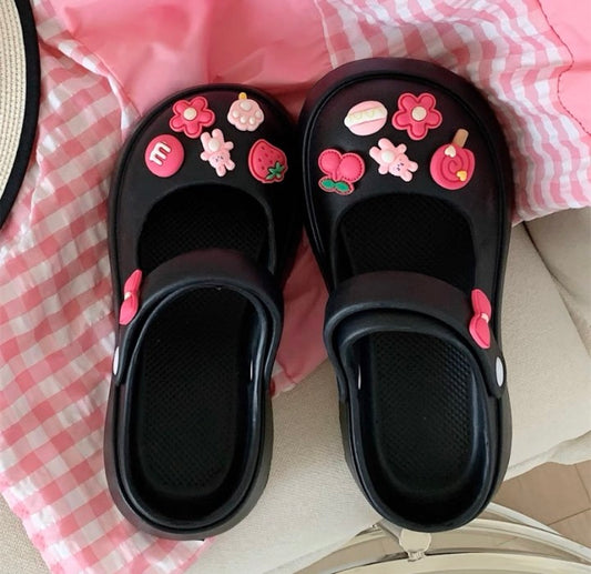 Thin strip Mary Jane hole shoes women's summer fashion outerwear cute stepping on feces feeling thick-soled Baotou half-slippers ins