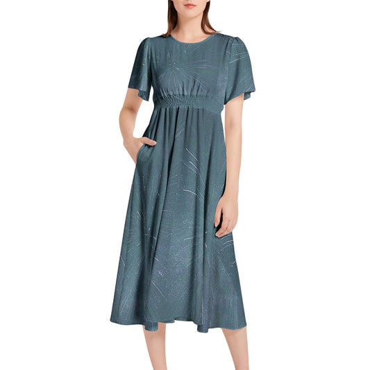 Short Sleeve Shirred Waist Midi Dress