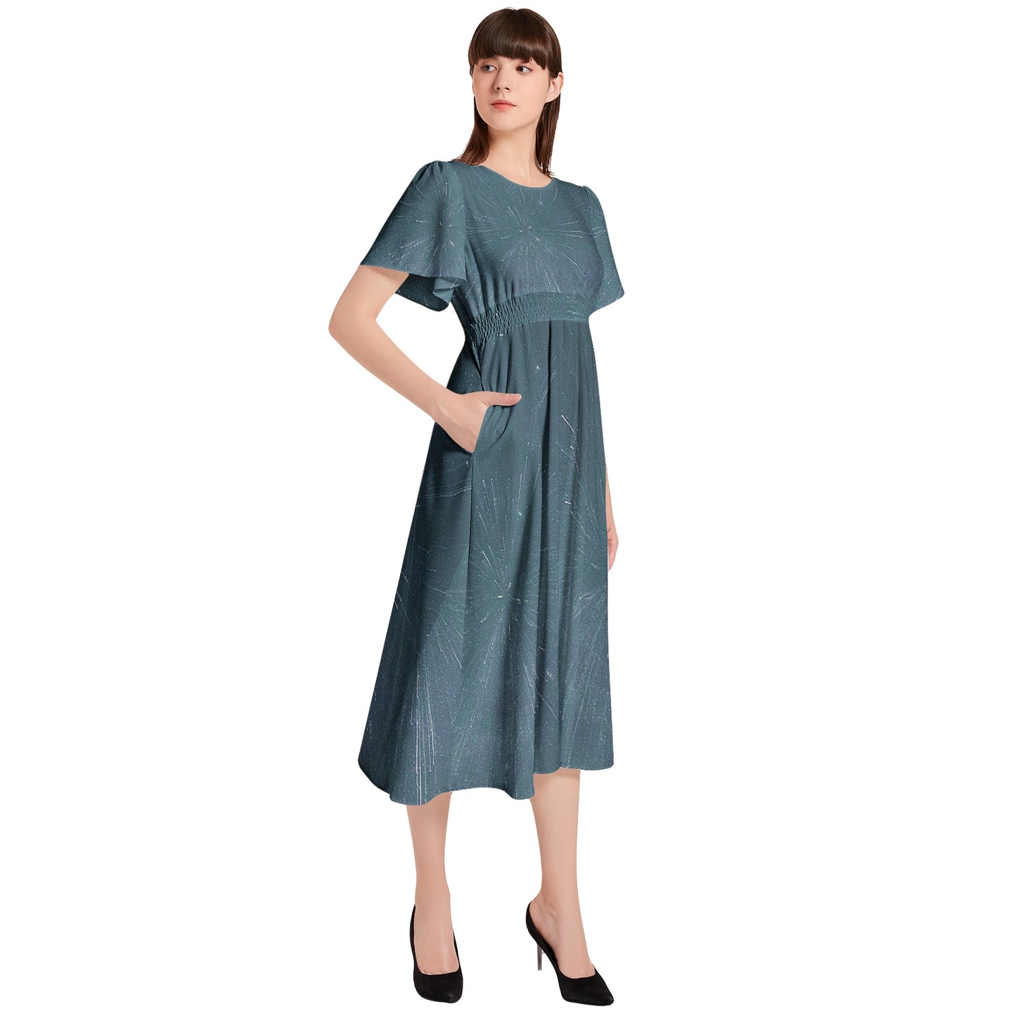 Short Sleeve Shirred Waist Midi Dress