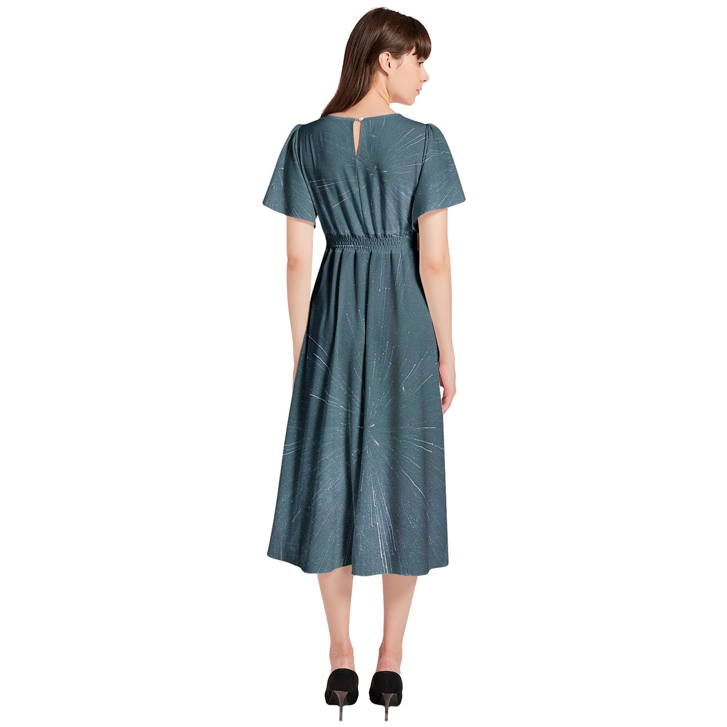 Short Sleeve Shirred Waist Midi Dress