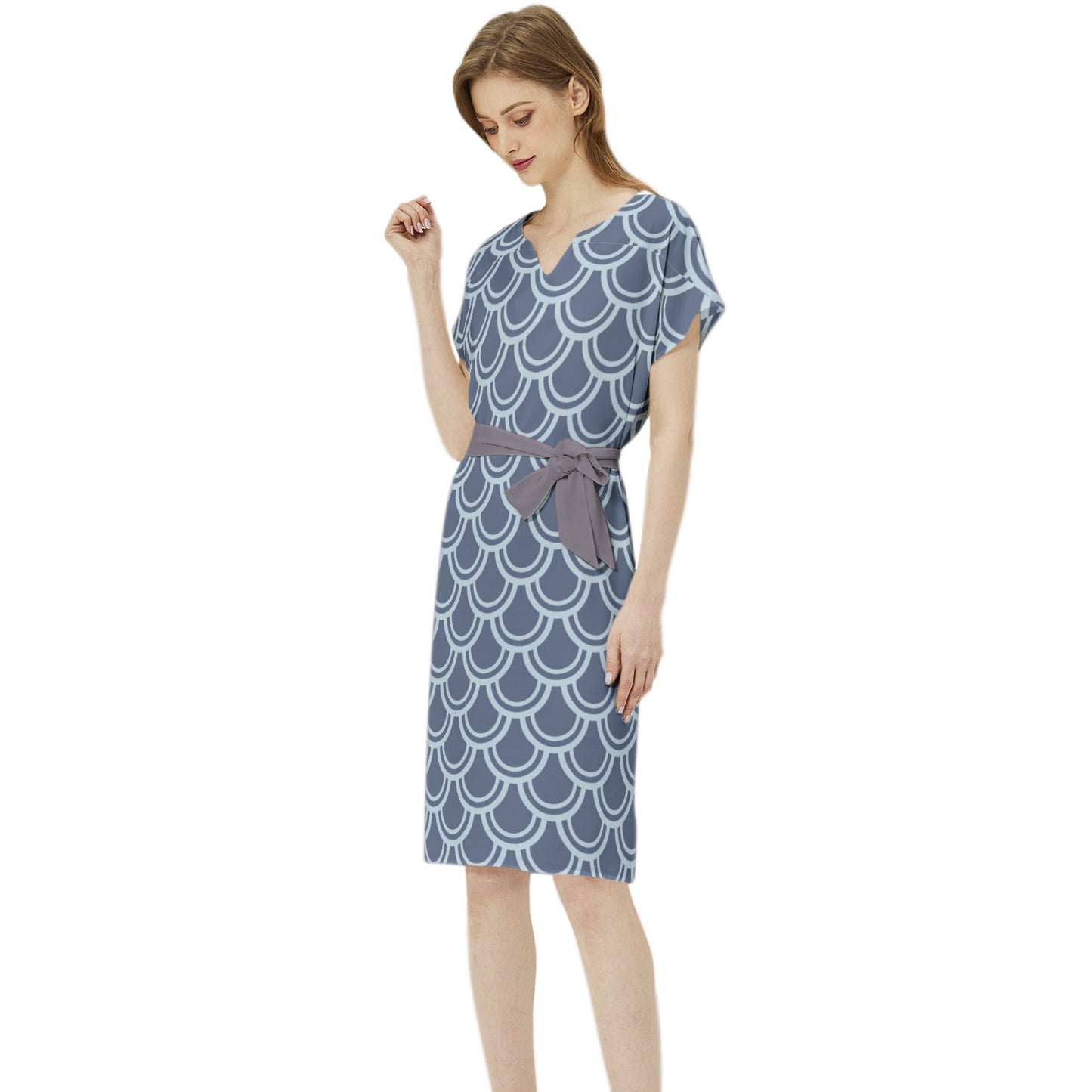 Betwing Seleeve Notch Neck Casual Dress with Belt