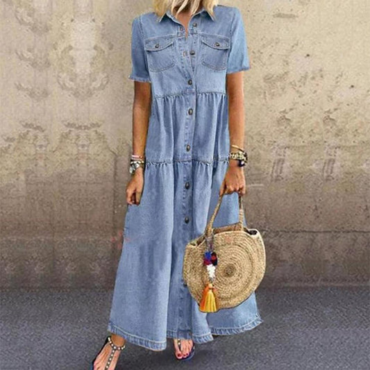 Plus Size 3xl Women Summer Denim Dress Retro Women Short Sleeve Turn Down Collar Pockets Button Long Loose Denim Dress